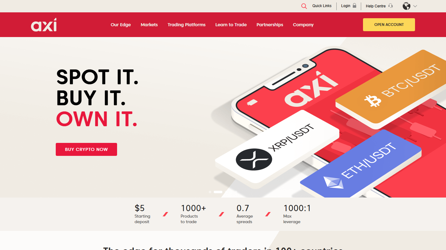 Axi website homepage in English