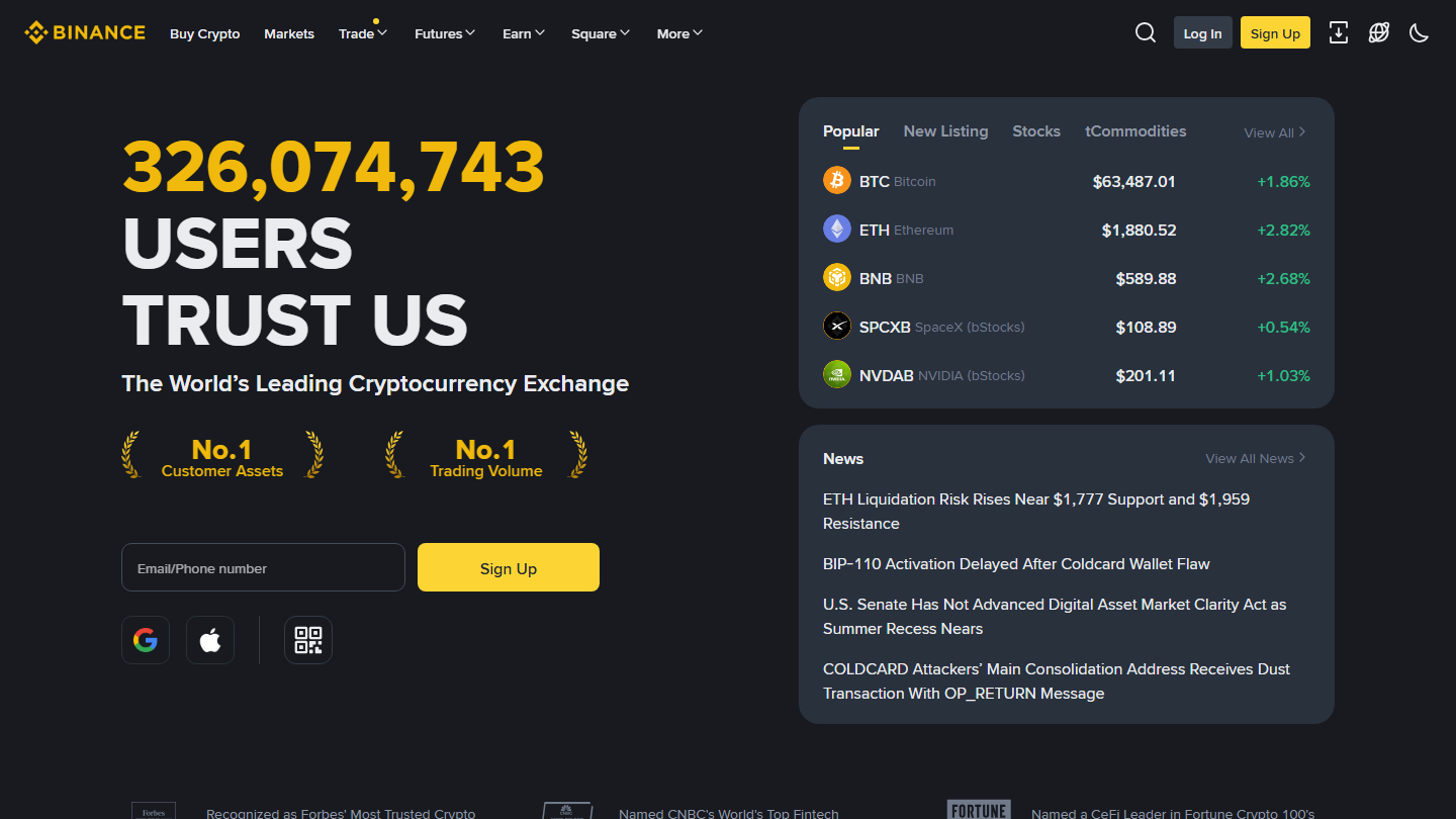 Binance website homepage in English