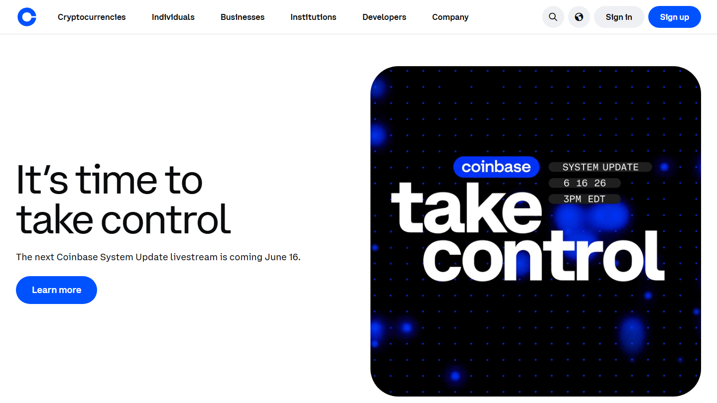 Coinbase website homepage in English
