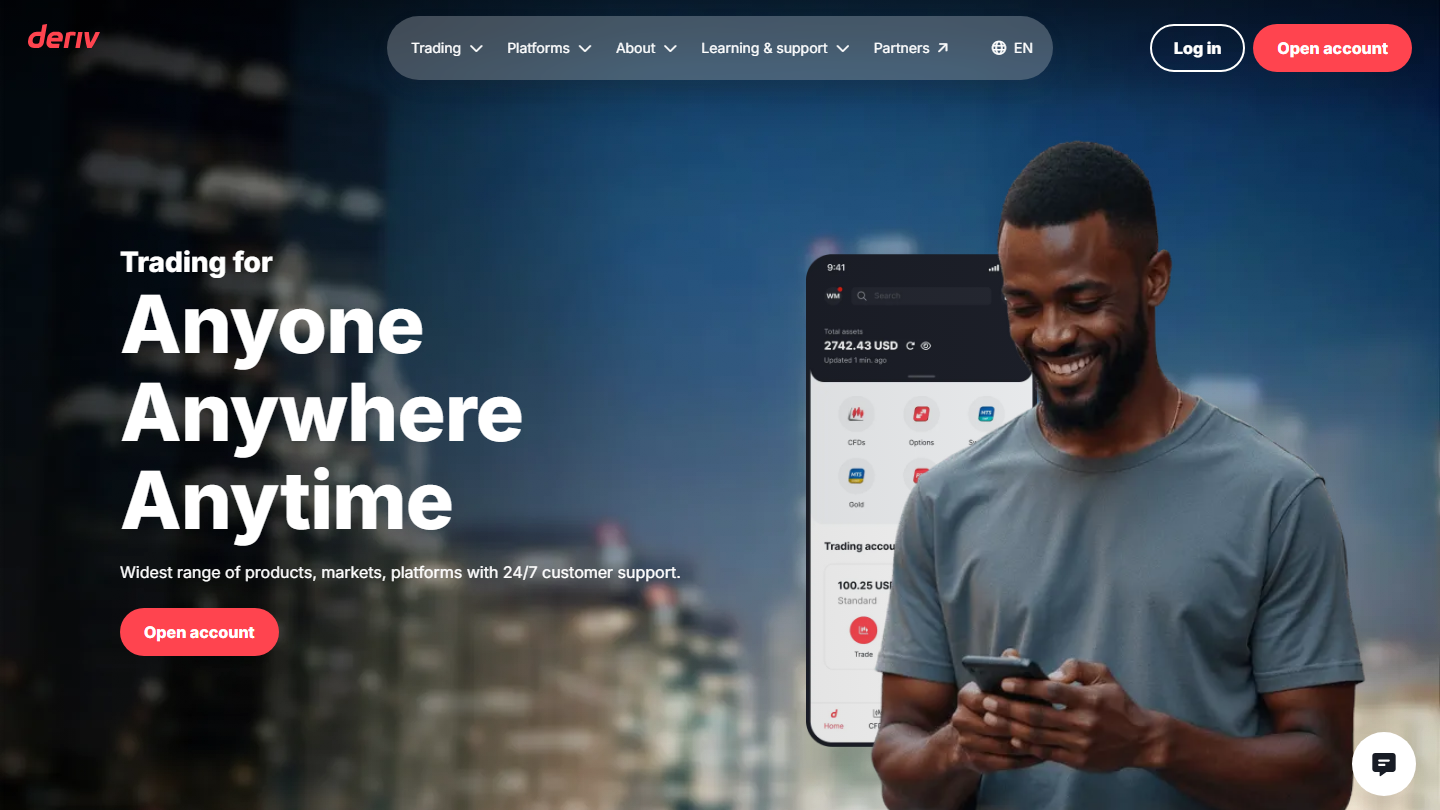 Deriv website homepage in English