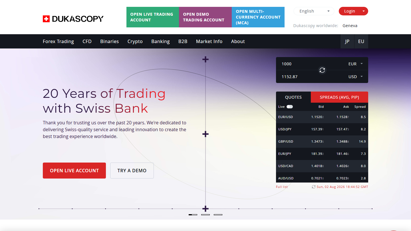 Dukascopy website homepage in English