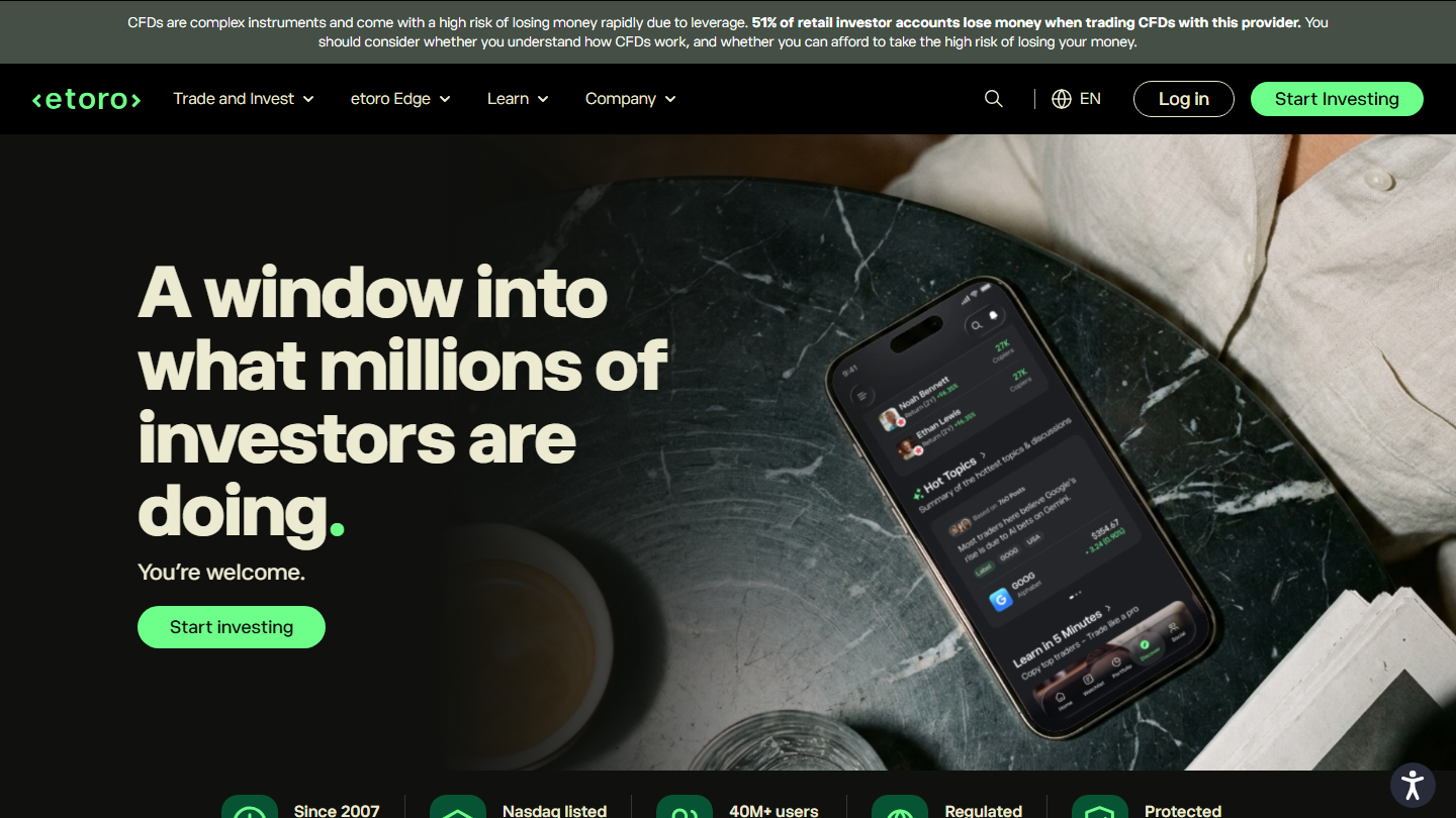 eToro website homepage in English
