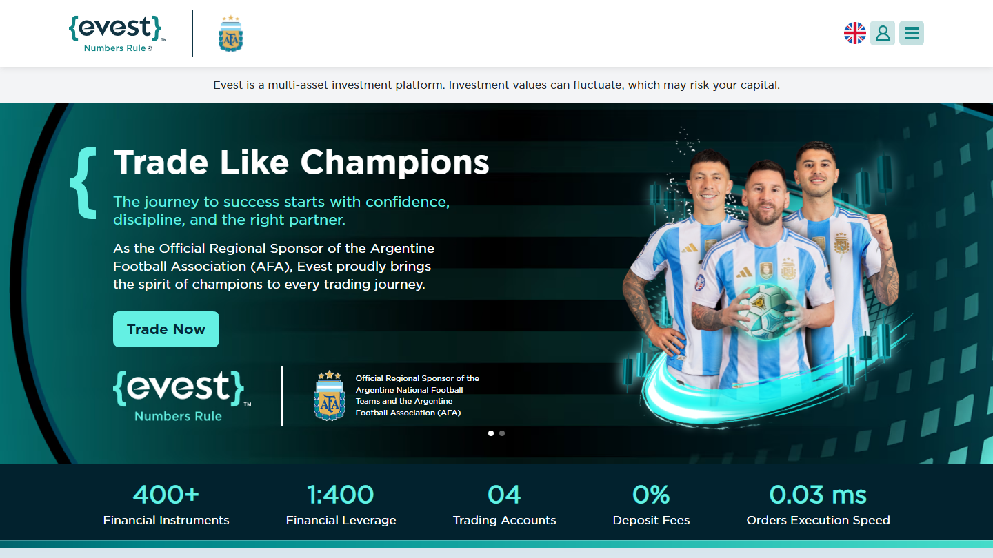 Evest website homepage in English