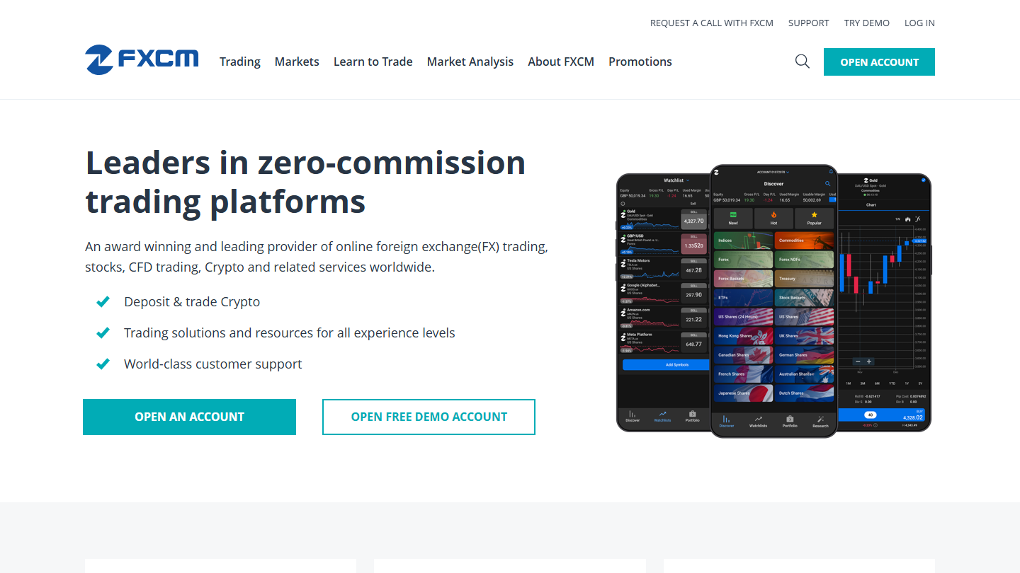 FXCM website homepage in English