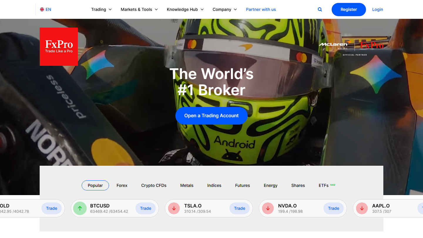 FxPro website homepage in English