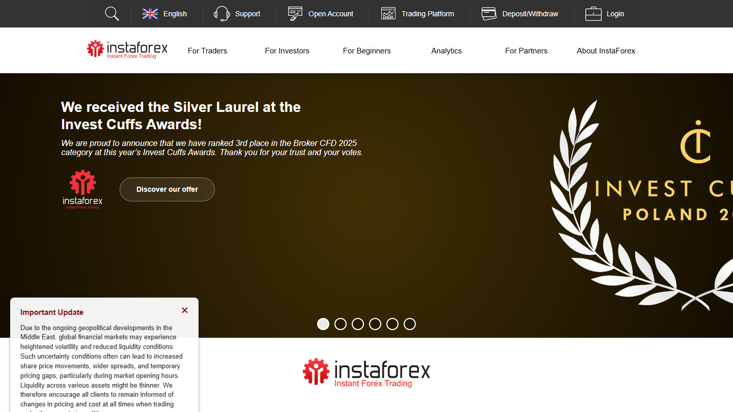 InstaForex website homepage in English