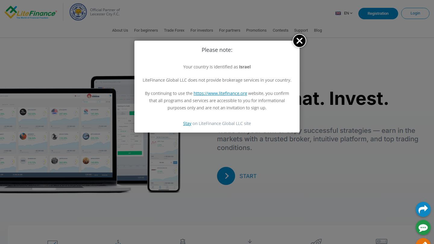 LiteFinance website homepage in English