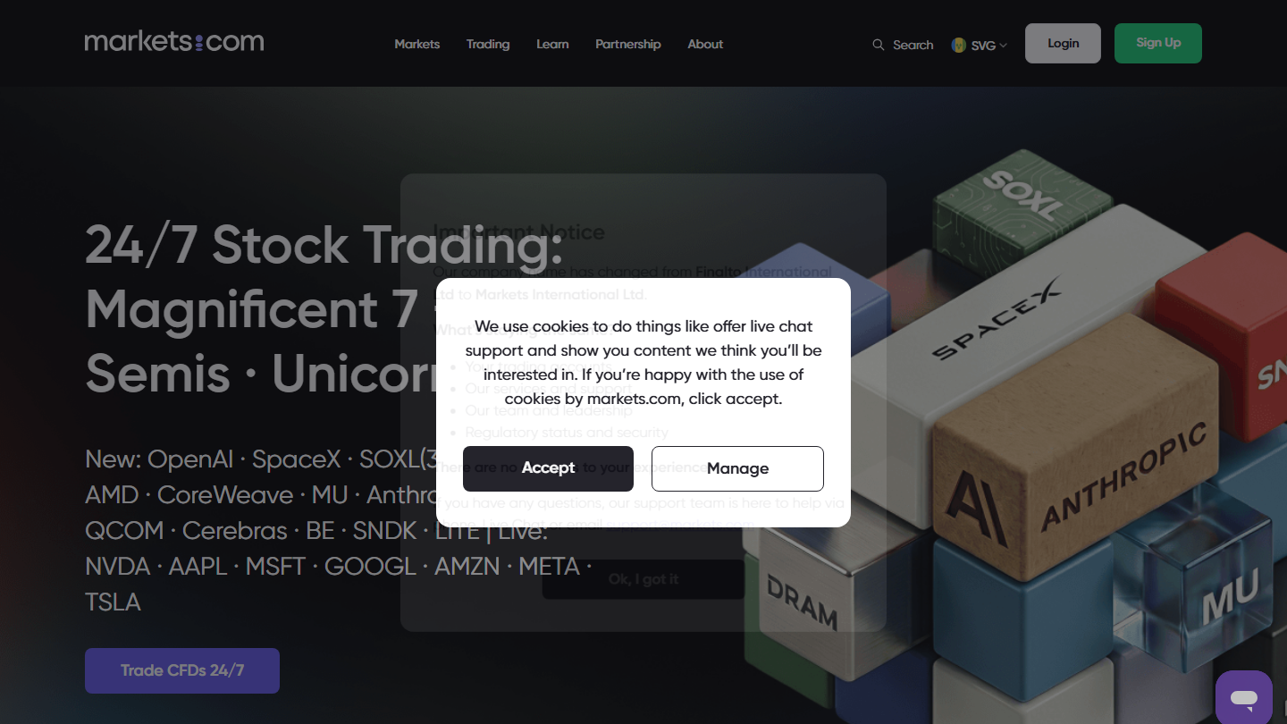 Markets.com website homepage in English