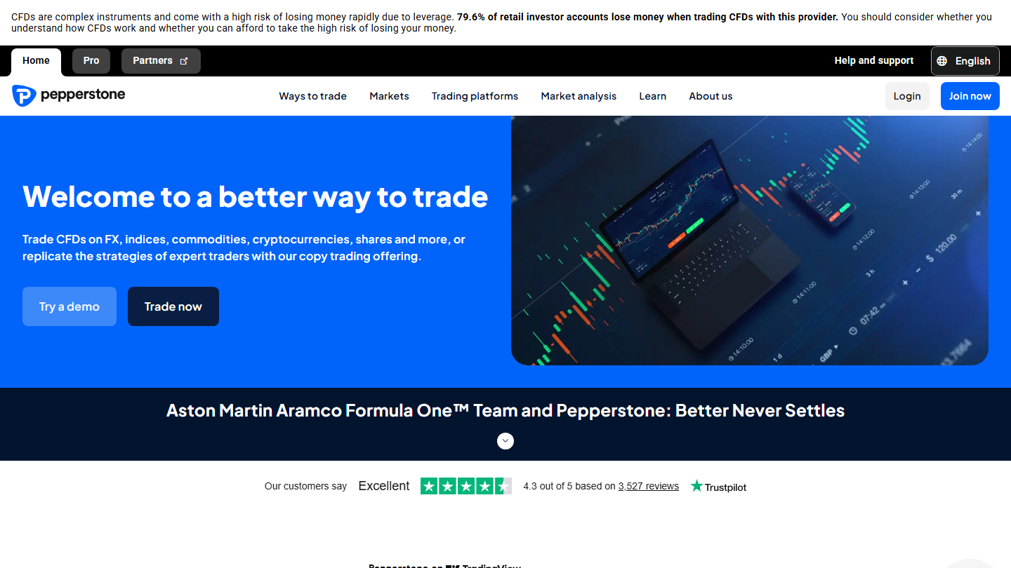 Pepperstone website homepage in English