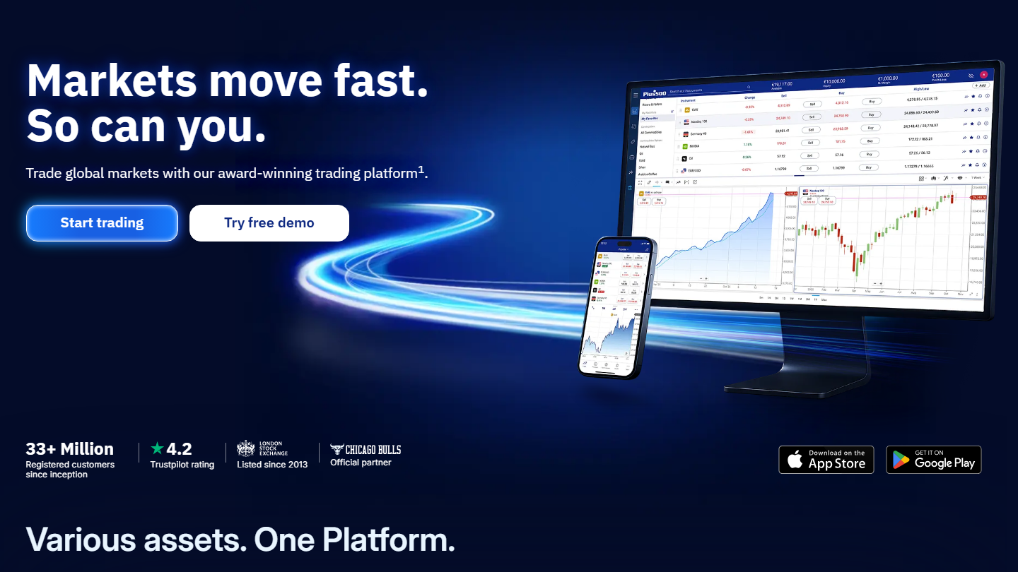 Plus500 website homepage in English