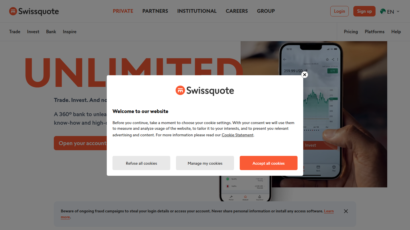 Swissquote website homepage in English