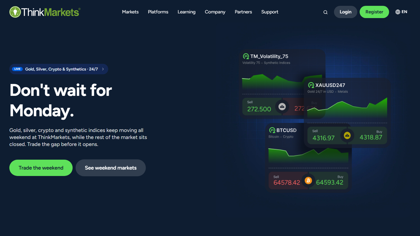 ThinkMarkets website homepage in English