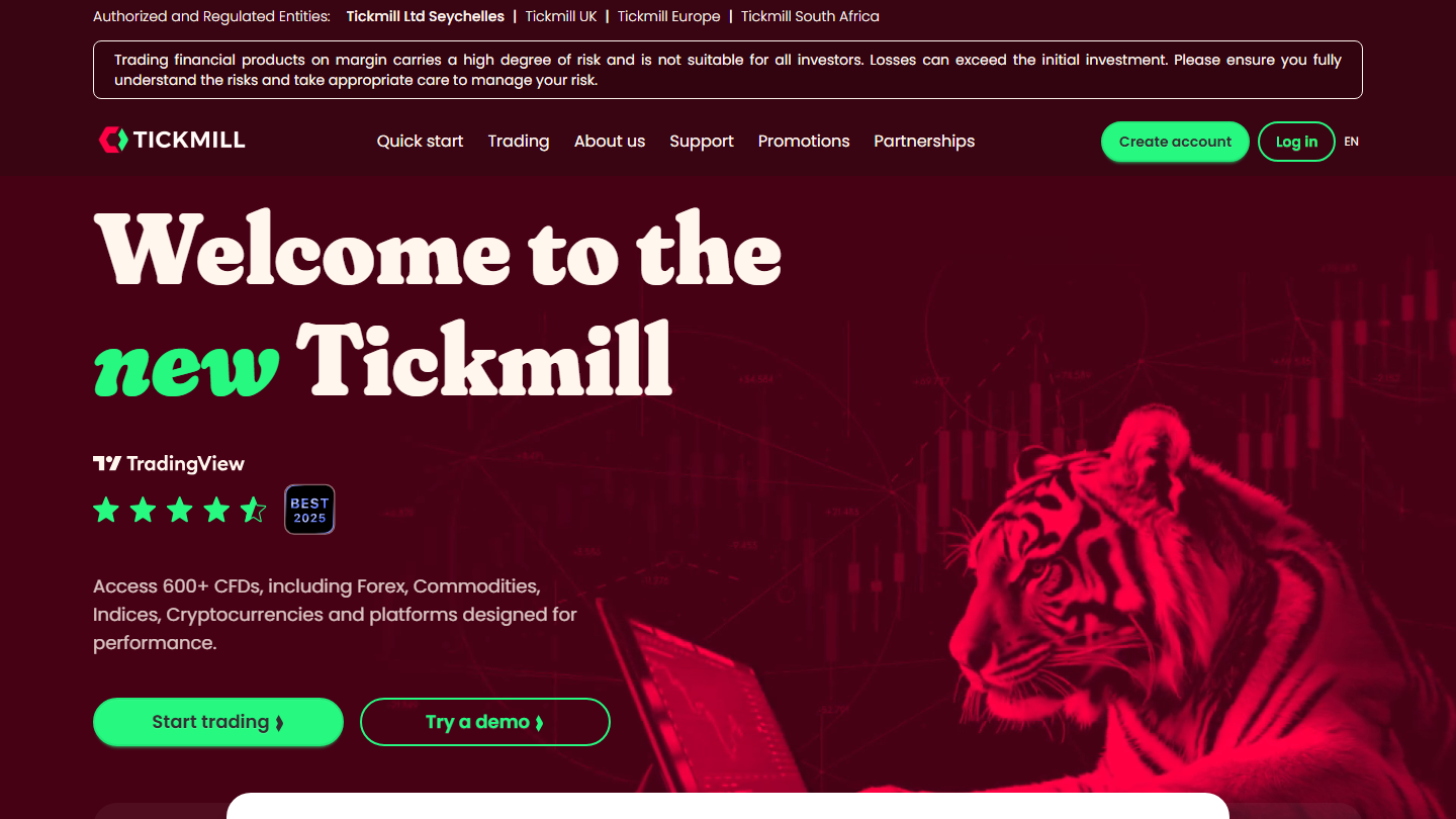 Tickmill website homepage in English